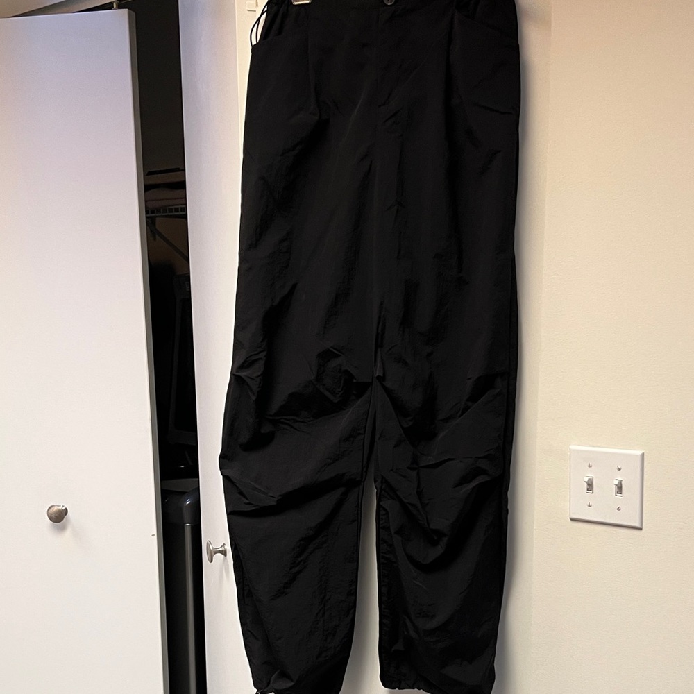 Womens Black Pants size S nylon black front pockets and drawstring waist and ank